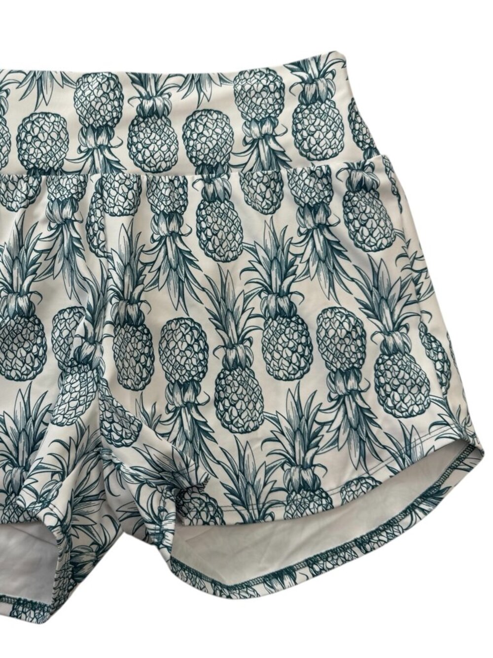 LOVE FITNESS PINEAPPLE PRINT ATHLETIC SPANDEX SHORTS WHITE / TEAL GREEN.  SIZE W